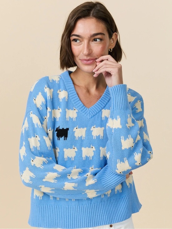 Rowing Blazers Sweaters - NWT Rowing Blazers Warm & Wonderful Diana Cotton Linen V-Neck Sheep Sweater Blue